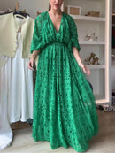 Women's V-Neck Oversize Maxi Lace Dress With Gathered Waist – Elegant Flow Dress
