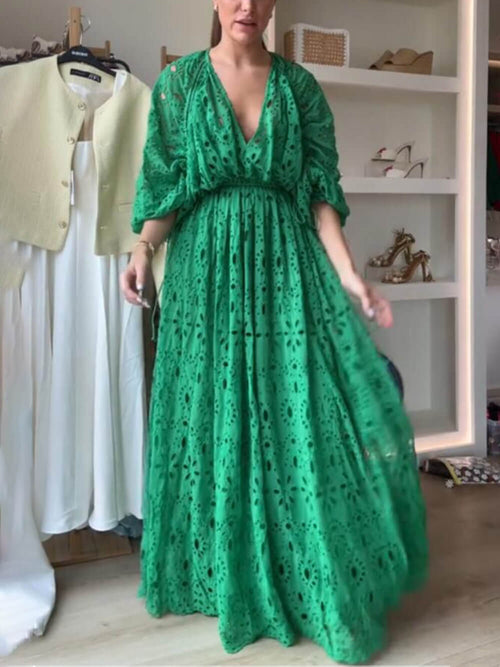 Women's V-Neck Oversize Maxi Lace Dress With Gathered Waist – Elegant Flow Dress