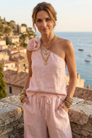 Two-Tone Linen Set: Sleeveless Top & Trousers