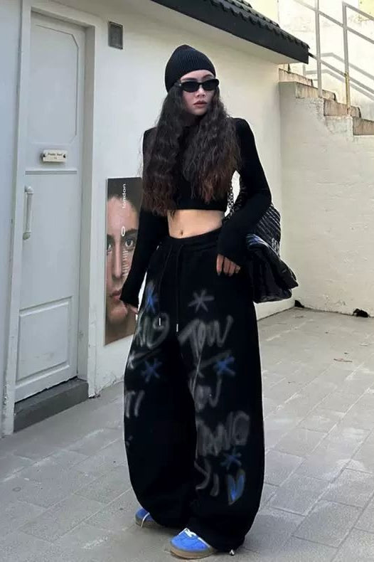 American Hip Hop Plus Size Fleece Lined Loose Wide Leg Pants