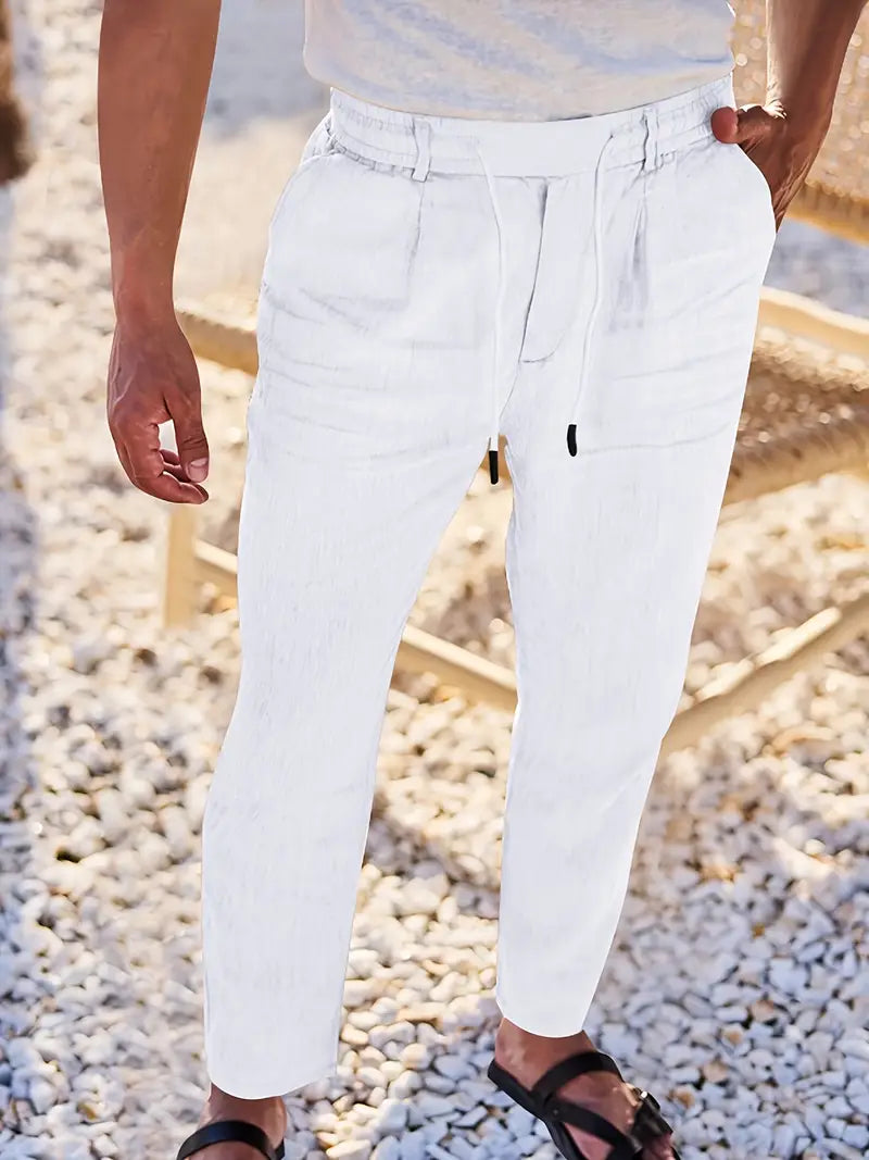 Men's Wide-Leg Linen Trousers – Drawstring Casual Summer Pants