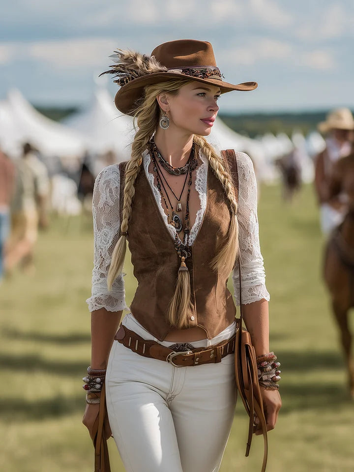 Women's Western Suede Shirt With Lace Sleeves – Brown Cowgirl Blouse
