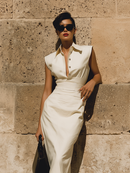 Women's Ivory Linen-Blend Dress With Sleeveless Collared Neck & Fitted Silhouette,  Modern Executive-Chic Style Dress