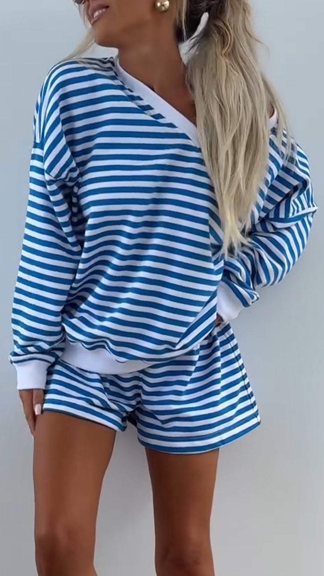 Women's V-Neck Striped Long Sleeve Two Piece Set – Casual Outfit