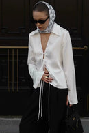 Acetate Satin Bow Tie V Neck Minimalist Long Sleeve Blouse