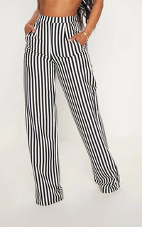 Women Stripe Printed High Waist Straight Leg Pants – Casual Pocket Trousers