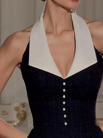 Contrast Collar Pearl Charming Bow Black Mini Dress