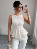 Women's Round Neck Sleeveless Flared Top – Floral Bow Accent Blouse