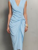 Women's Elegant Light Blue Stretch Knit V-neck Sleeveless Midi Dress