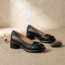 Women's Brown Closed-Toe Leather Shoes With Block Heels – Stylish Comfortable Footwear