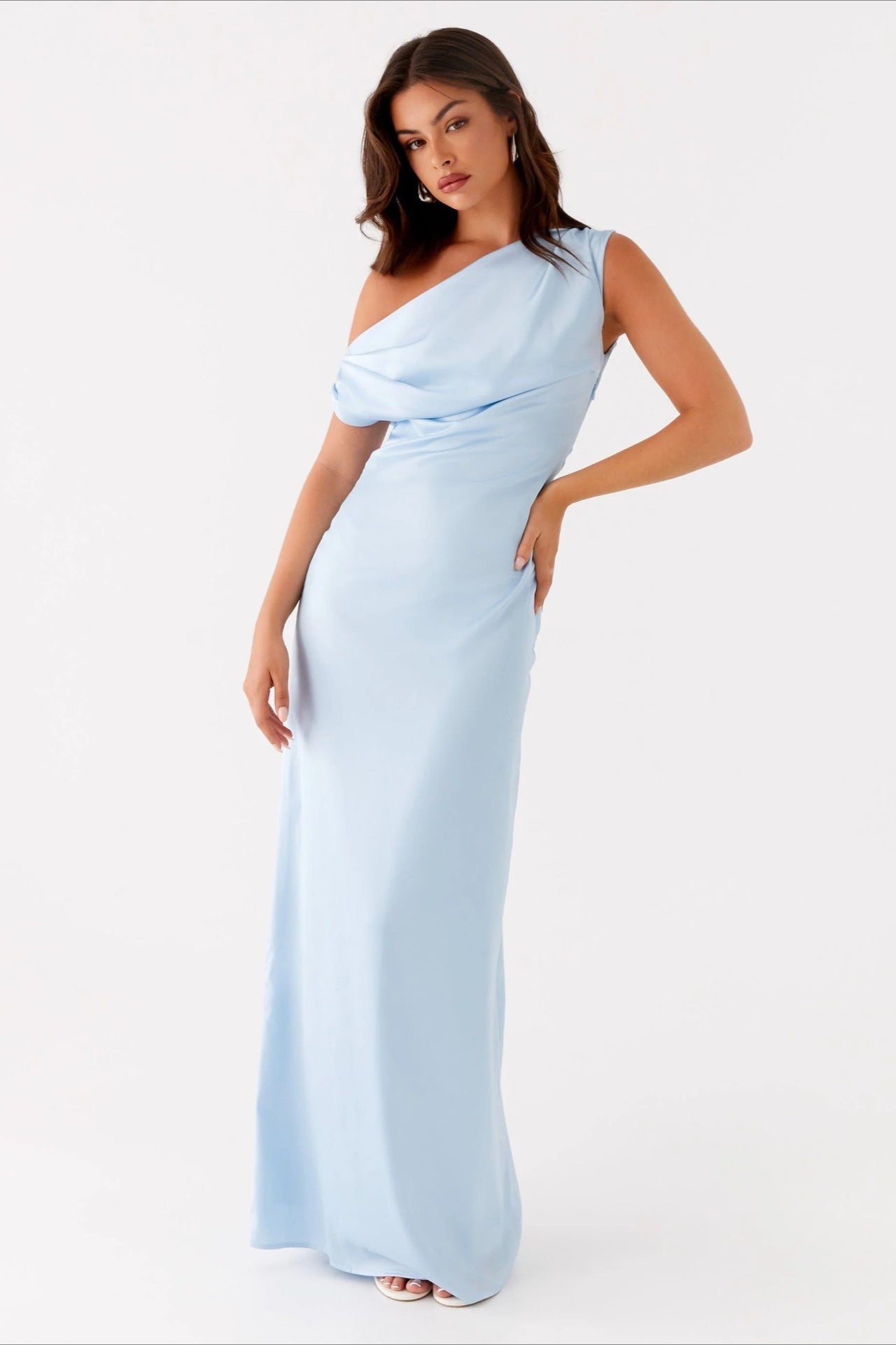 Women's Solid Asymmetric Neckline Formal Maxi Dress – Evening Gown