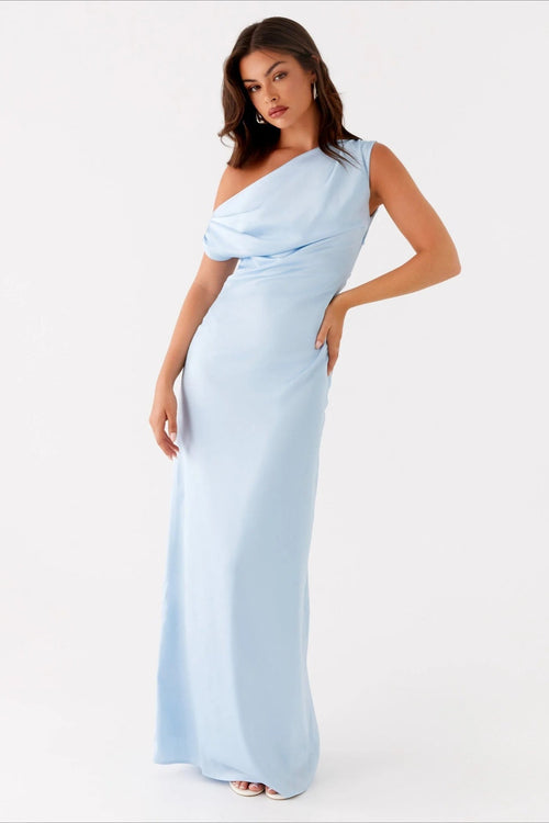 Women's Solid Asymmetric Neckline Formal Maxi Dress – Evening Gown