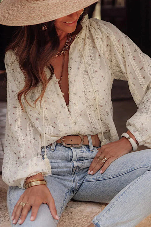 Women's Buttoned Embroidered Long-Sleeve Top – Detailed Lace Blouse
