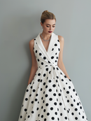 Women's Elegant Black And White Polka Dot Woven Collared Sleeveless Midi Dress