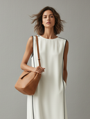 Women's White Cotton Dress With Contrast Piping & Side Pockets, Timeless Minimalist-Elegant Style Dress