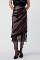 Elegant Lace Trim Leather Skirt