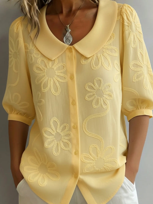 Women's Floral Embroidered Peter Pan Collar Blouse – Lightweight Vintage Top