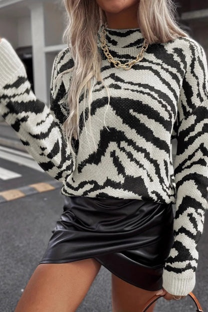 Animal Pattern Knit Crewneck Sweater