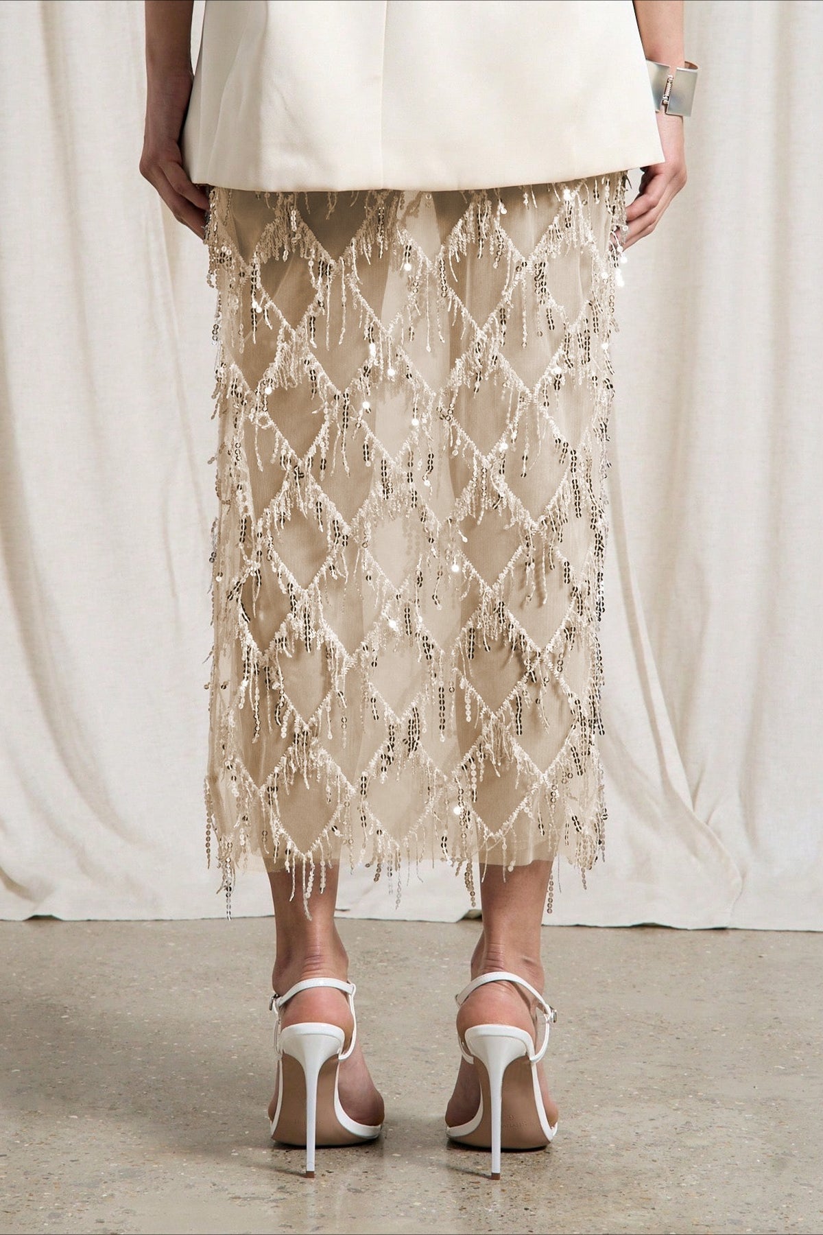 Sequin Fringe Slit Midi Party Skirt