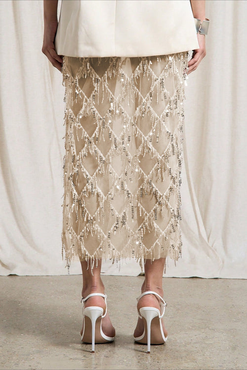 Sequin Fringe Slit Midi Party Skirt