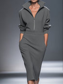 Women's Casual Cotton Polyester Half  Zip Midi Dress