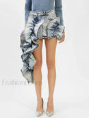 Denim Patchwork Ruffle Slimming Skirt