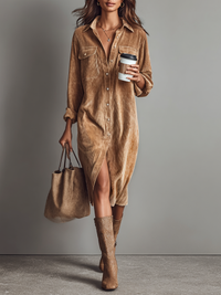 Women's Loose Corduroy Double Chest Pocket Single Breasted Midi Dress