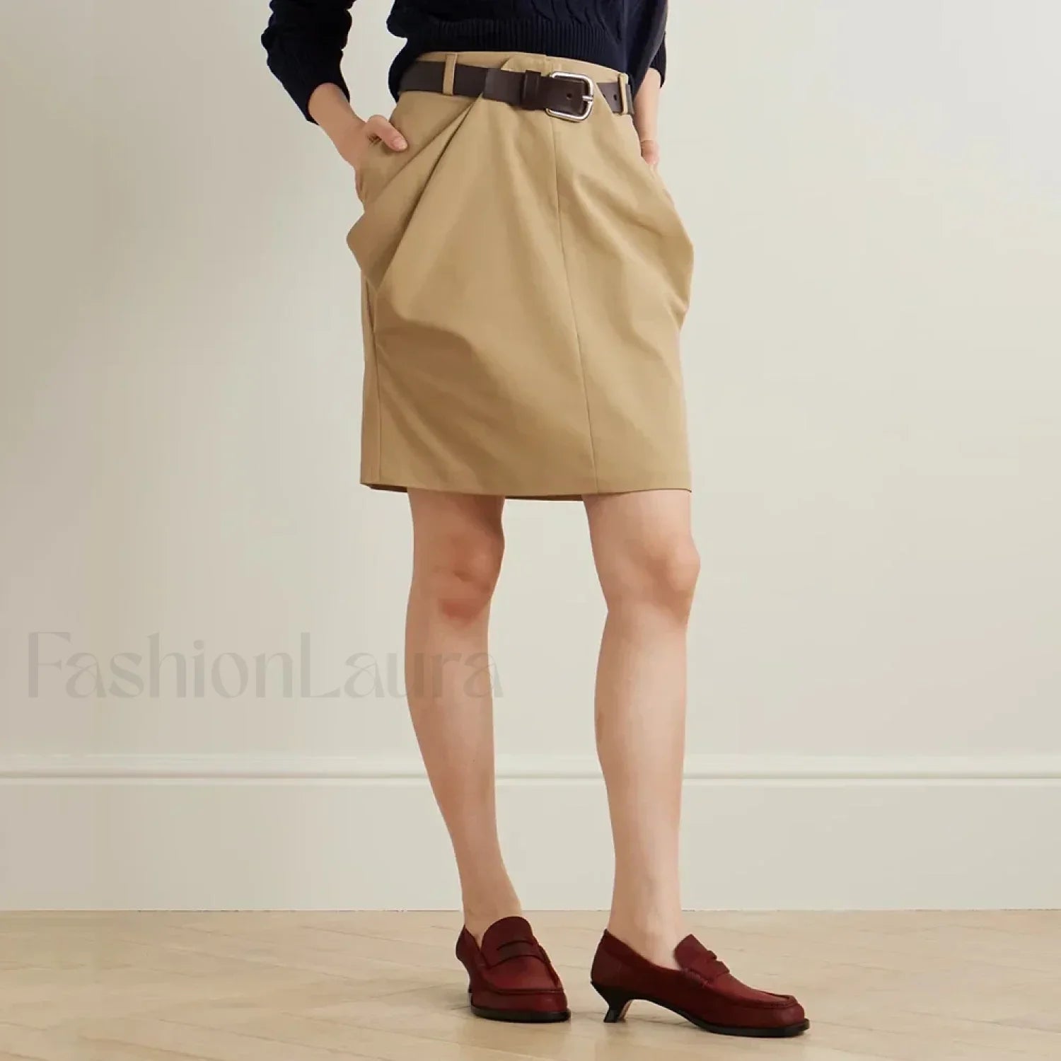 Draped Peplum Belted Cotton Skirt