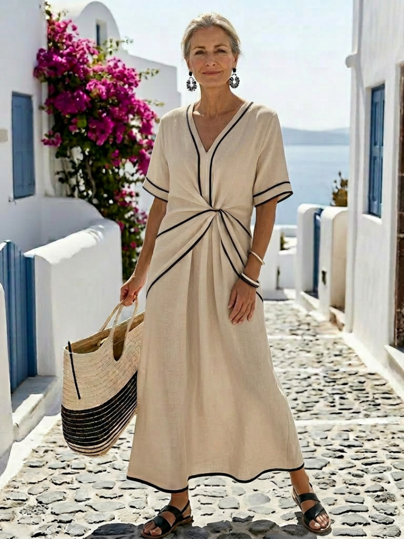 Women’s V-Neck Gathered Waist Midi Dress – Short Sleeve Elegant Casual Style