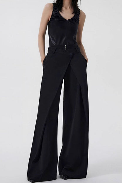 Asymmetric Layered Button Wide Leg Loose Pants