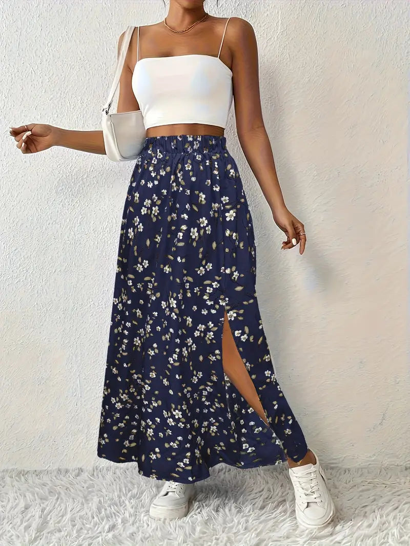 Women's High-Waisted Floral Maxi Skirt – Lightweight Side Slit