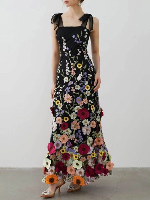 Women's Elegant 3D Embroidered Floral Maxi Dress – Luxury Evening Dress