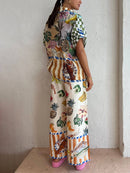 Women's Tropical Fruit Print Shirt And Wide Leg Pants Set – Summer Vacation Outfit