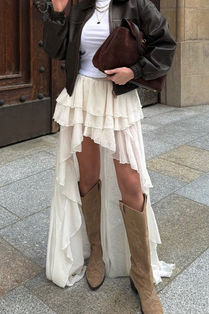 Asymmetric Hem Elastic Waist A-Line Skirt