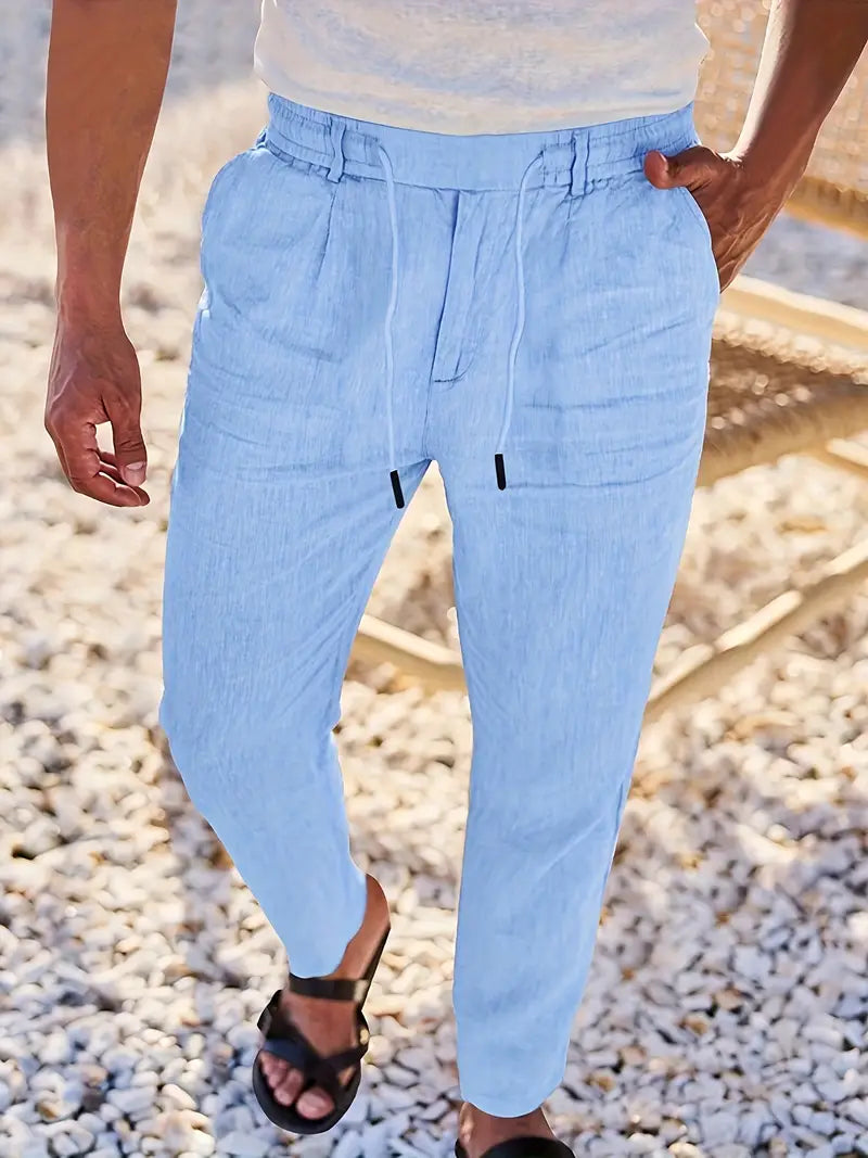 Men's Wide-Leg Linen Trousers – Drawstring Casual Summer Pants