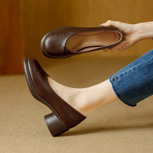 Women's Brown Leather Platform Pumps With Chunky Heels – Stylish Heels