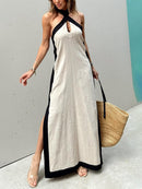 Women's Color Block Halter Neck Maxi Dress With Side Slit – Elegant Dress