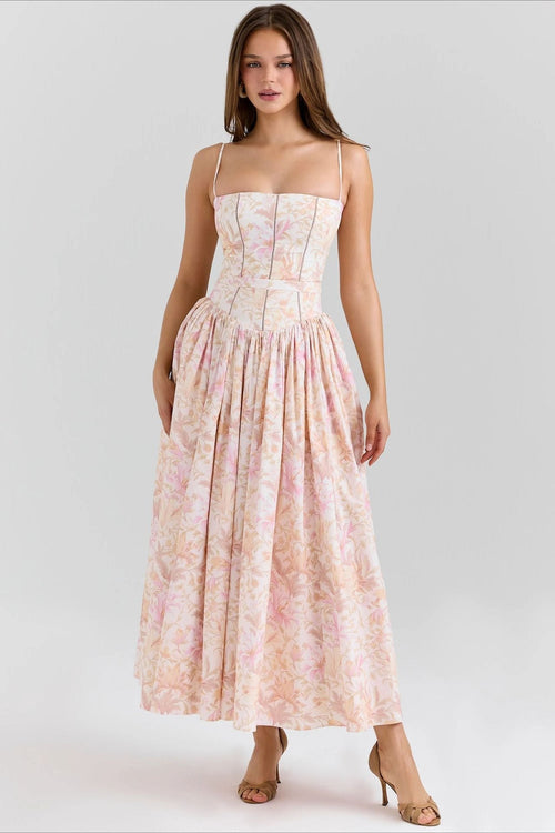 Women's Elegant Tiered A-Line Sleeveless Floral Dress – Summer Dress