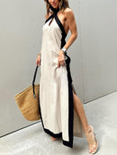 Women's Color Block Halter Neck Maxi Dress With Side Slit – Elegant Dress