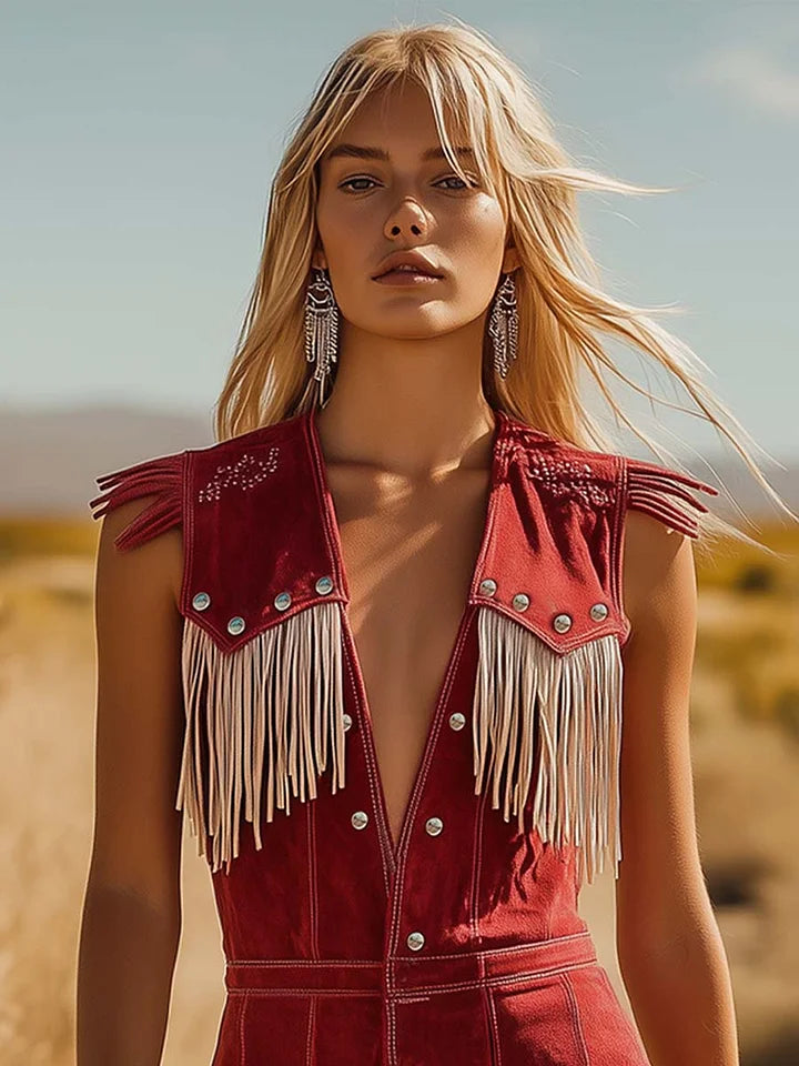 Women's Western Red Suede Tassel Playsuit – Cowboy Fringe Button Romper