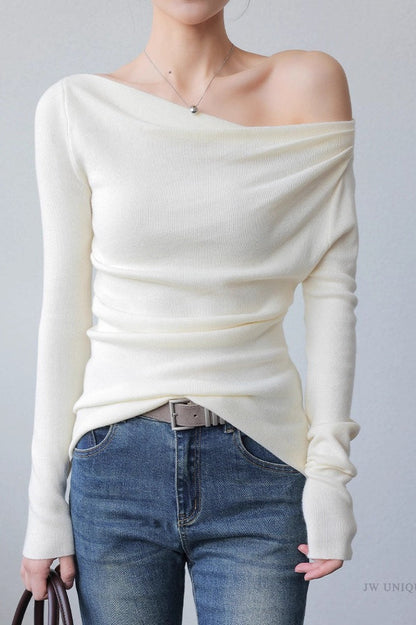 Asymmetric Neck Slim Knit Top