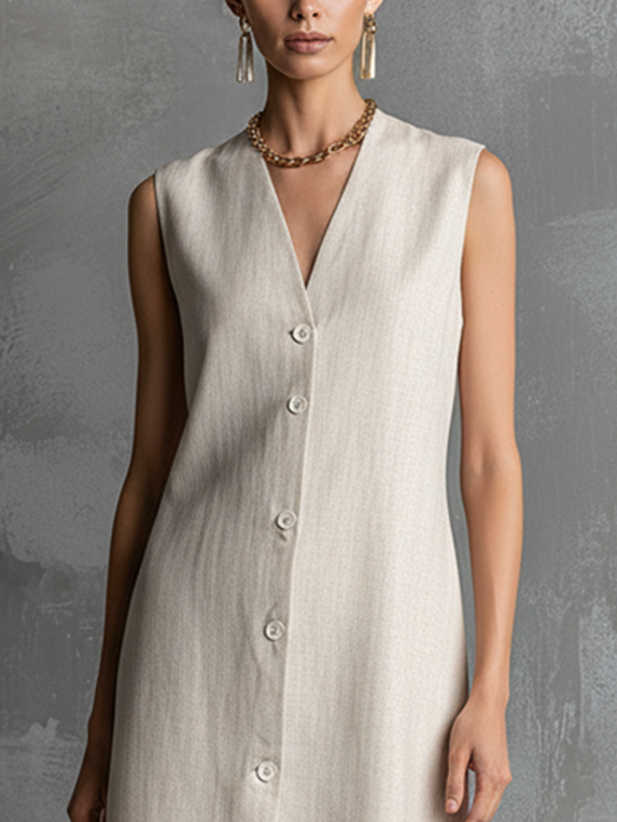 Women's Ivory Cotton Linen Sleeveless V-Neck Button-Front Midi Dress