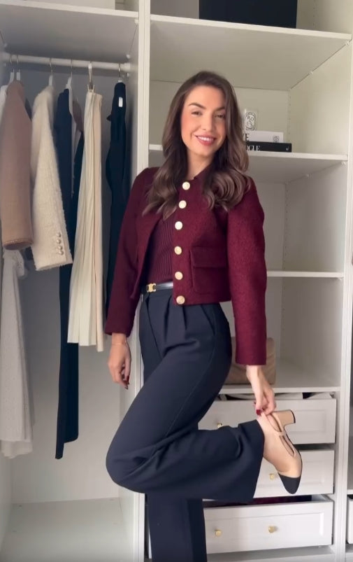 Women's Burgundy Tweed Three Piece Set – Elegant Jacket Outfit