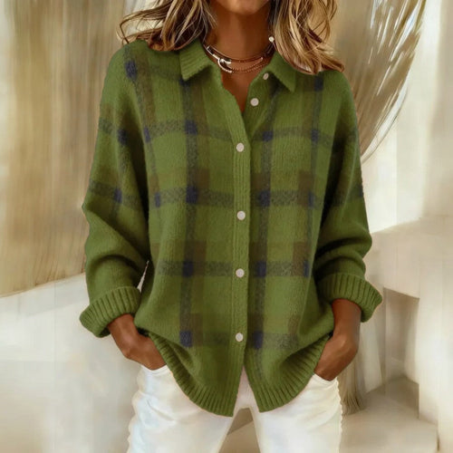 Women’s Loose Fit Buttoned Knit Cardigan - Stylish Check Pattern Design