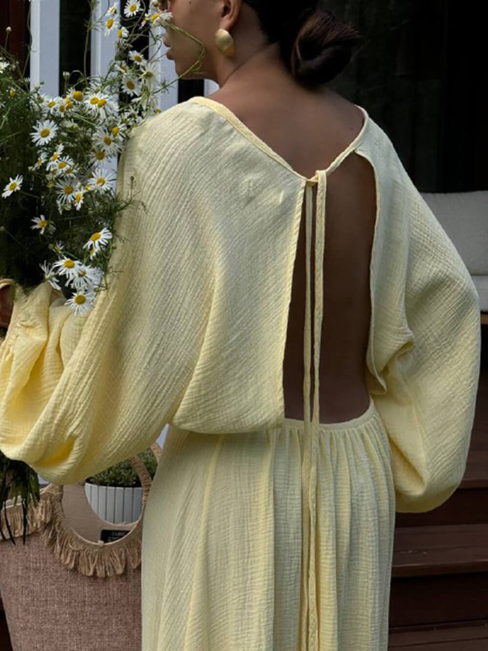 Women's Pleated Slit Lantern Sleeve Maxi Dress – Elegant Flowing Gown