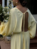 Women's Pleated Slit Lantern Sleeve Maxi Dress – Elegant Flowing Gown