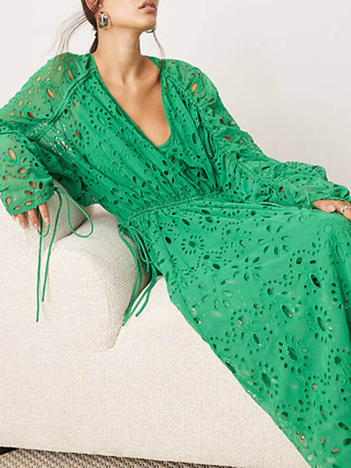 Women's V-Neck Oversize Maxi Lace Dress With Gathered Waist – Elegant Flow Dress