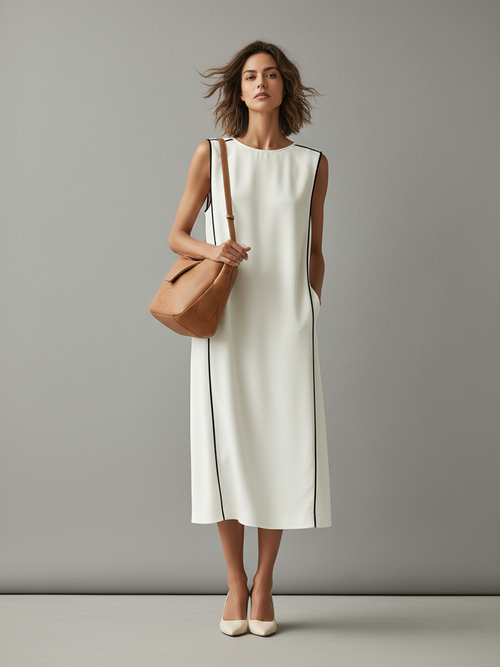 Women's White Cotton Dress With Contrast Piping & Side Pockets, Timeless Minimalist-Elegant Style Dress