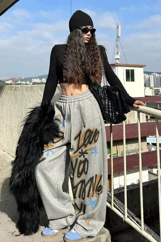 American Hip Hop Plus Size Fleece Lined Loose Wide Leg Pants