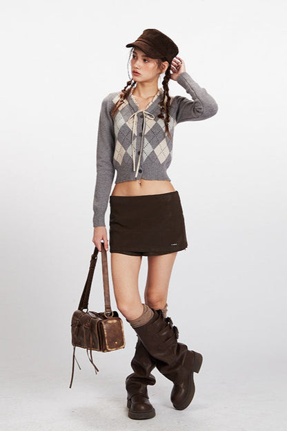 Argyle V-Neck Cropped Knit Top